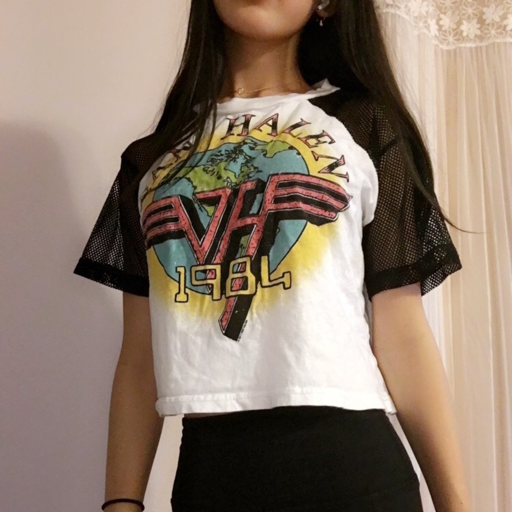 Forever 21- Cropped Band Shirt W/ Mesh Sleeves